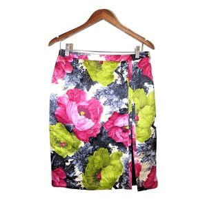 Milly Floral Garden Pink Green Pencil‎ 100% Silk Skirt Women's Size 8 Lined Slit